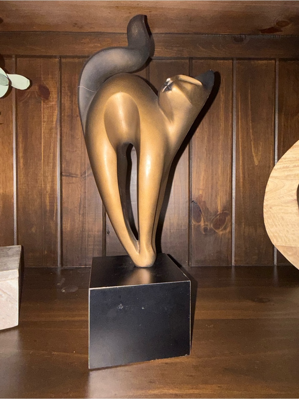 Modern Gold Cat Sculpture on Black Base - Home Art